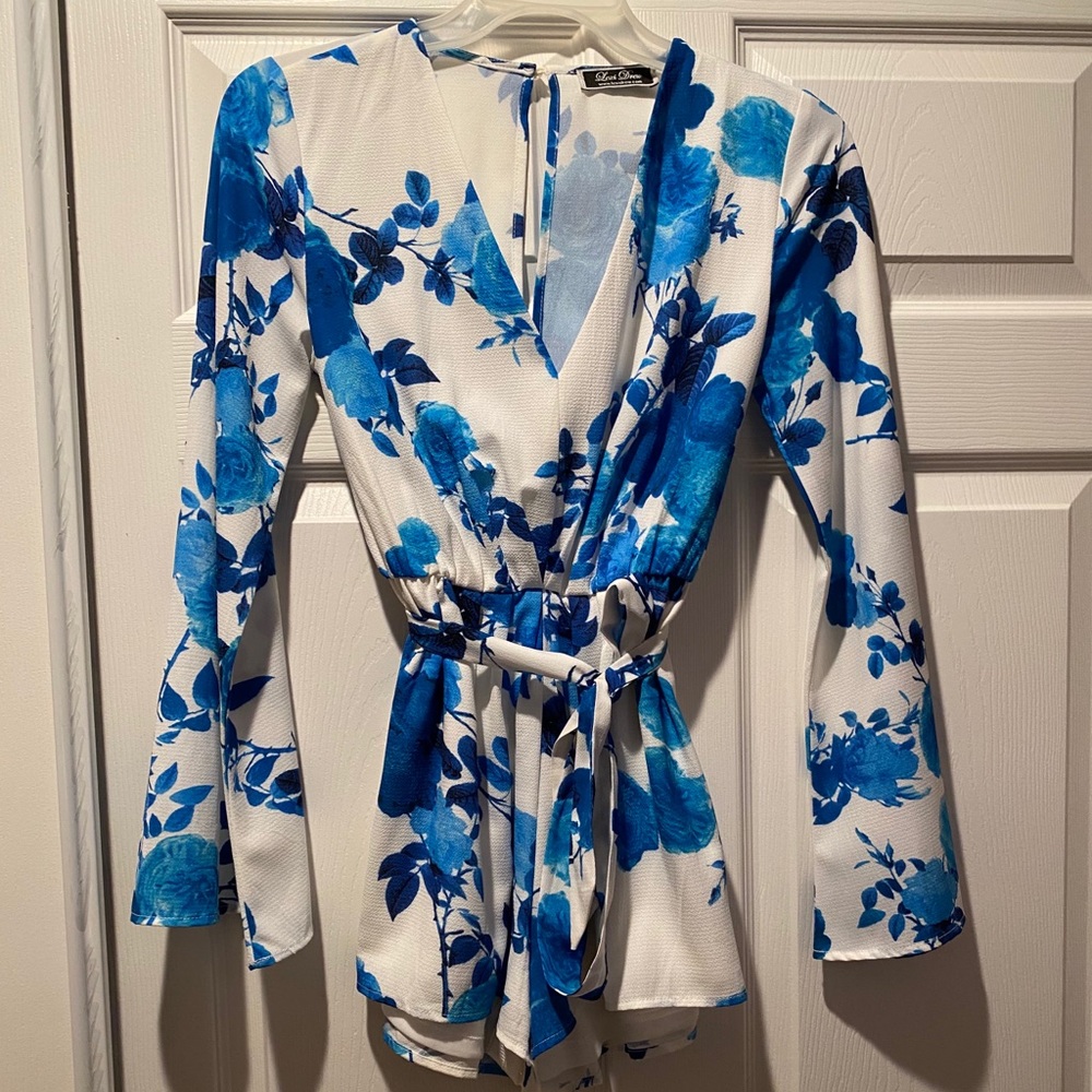 White and Blue Floral Long sleeve Romper